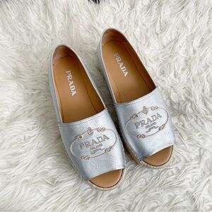 Prada Platform Open Toe Espadrille Silver Leather size 40